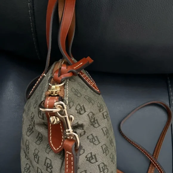 AUTHENTIC Dooney & Bourke Brown and Hunter Green Monogram Satchel - Picture 6 of 13